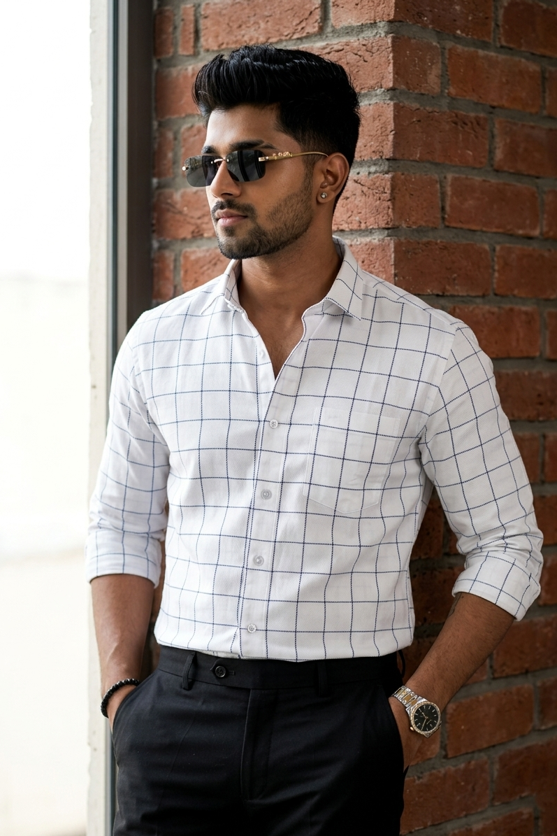 White & Blue Pattern Men's Semi-Formal Shirt - Stylish Casual & Office Wear-FRMCHECKS