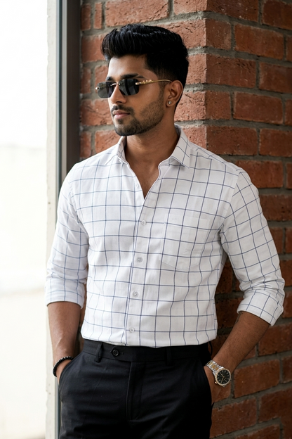 White & Blue Pattern Men's Semi-Formal Shirt - Stylish Casual & Office Wear-FRMCHECKS