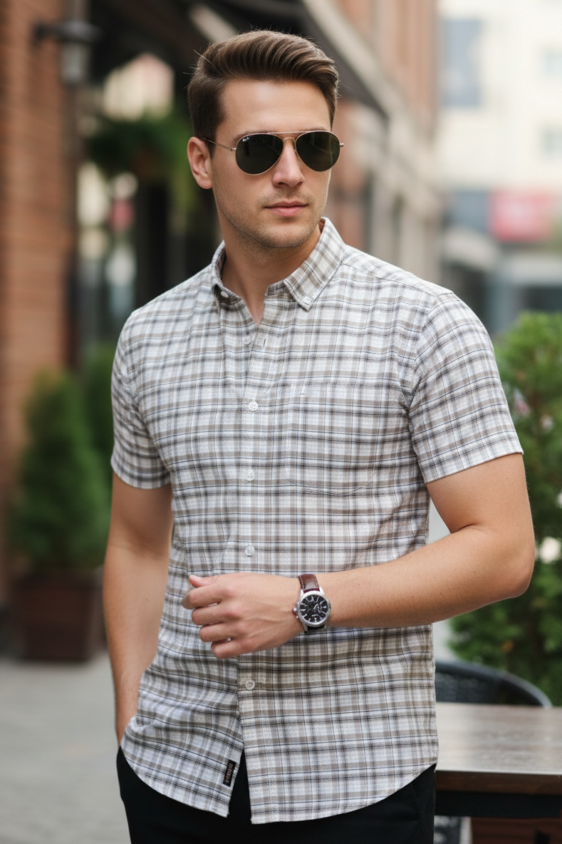 Men Beige Checkered Short Sleeve Casual Shirt 251207790