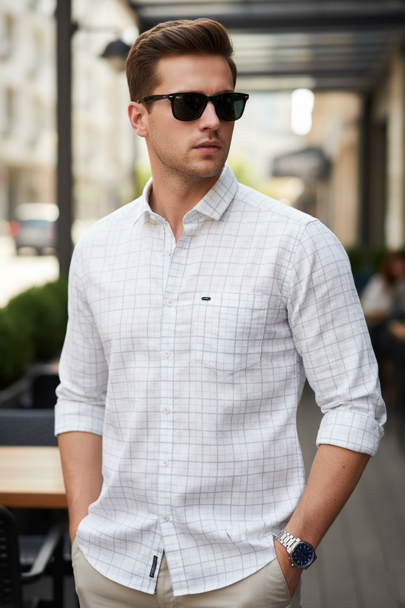 Men White Windowpane Check Slim Fit Shirt 251205865