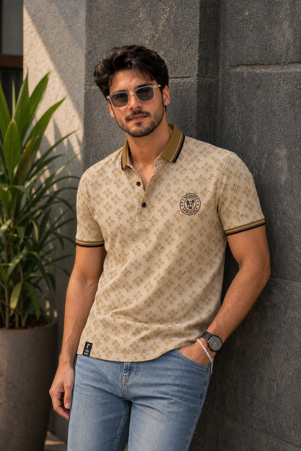 Men Cream Printed Polo T-Shirt – Half Sleeve Collar
