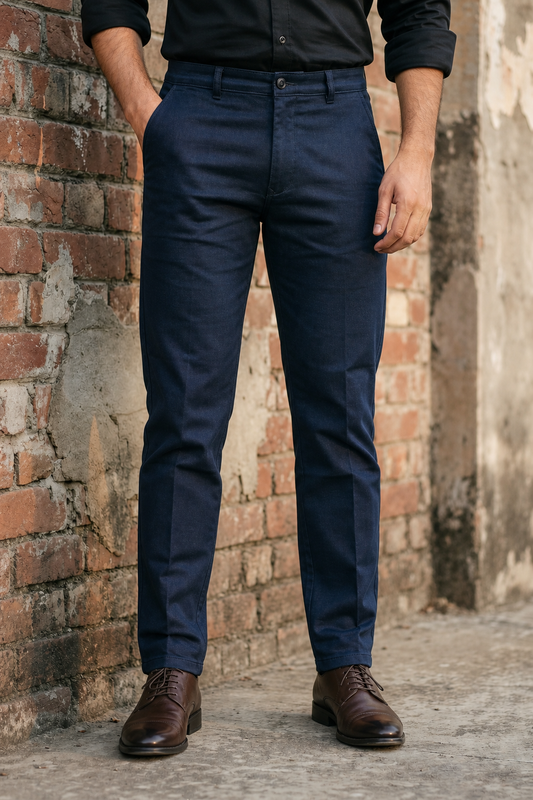 Men Premium Navy Blue Structured Chinos - Textured STAR