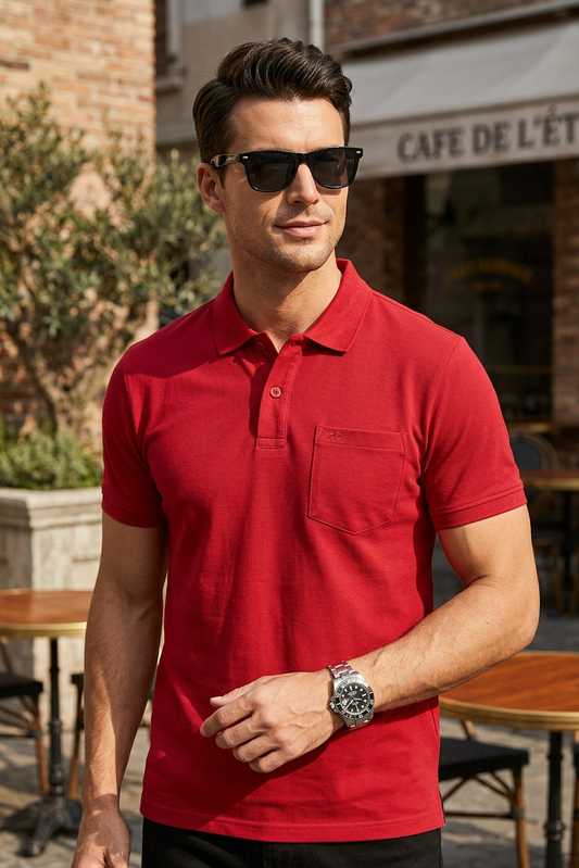 Men Red Cotton Polo T-Shirt with Pocket - Casual Short Sleeve Slim Fit 8622
