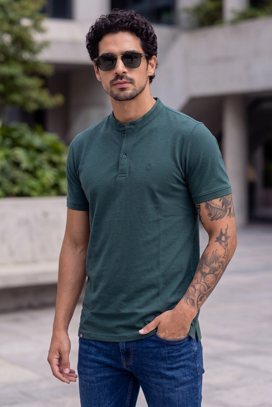 Men Solid Green Mandarin Collar Polo T-Shirt - Premium Sinker Slim Fit 13058