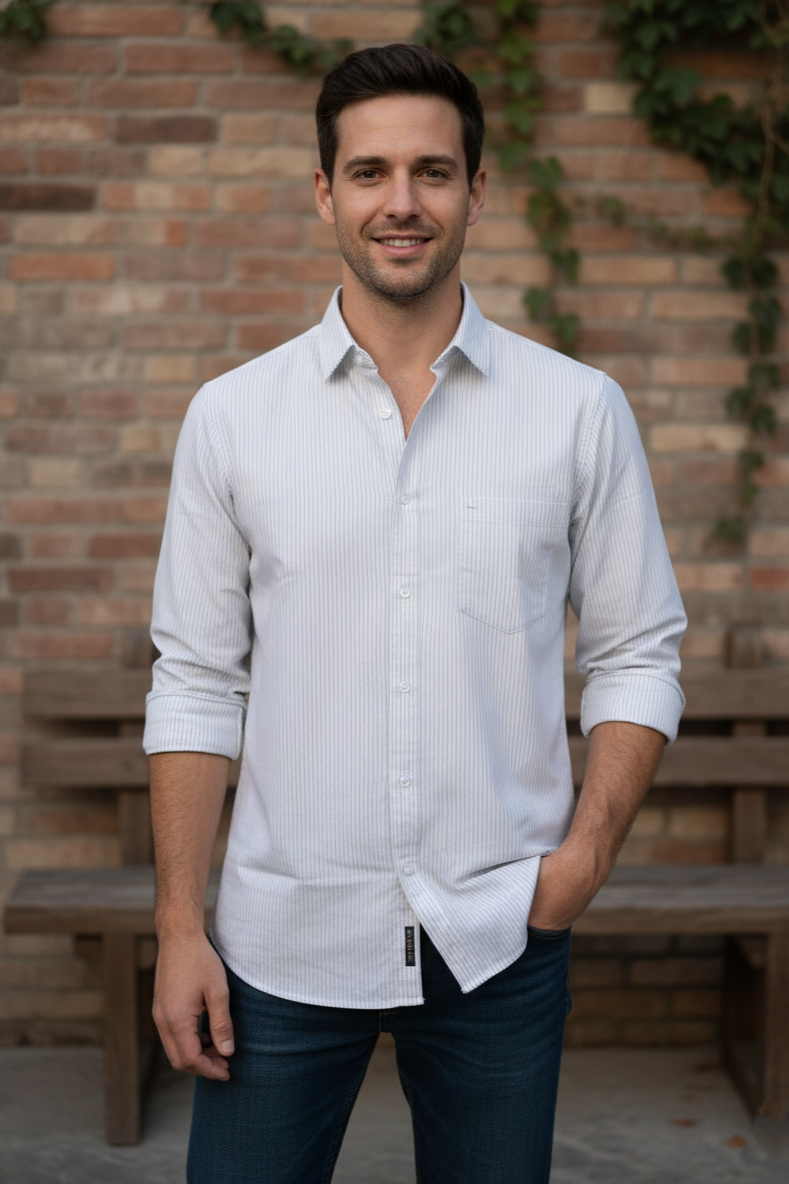 Men Slim Fit Light Grey & White Vertical Striped Long Sleeve Shirt 251167780