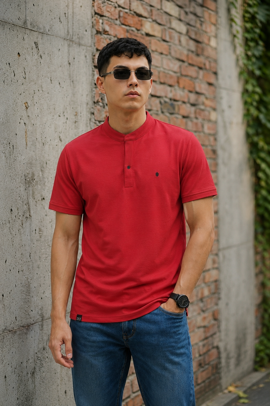 Men Solid Red Mandarin Collar Polo T-Shirt - Premium Sinker Slim Fit 13058