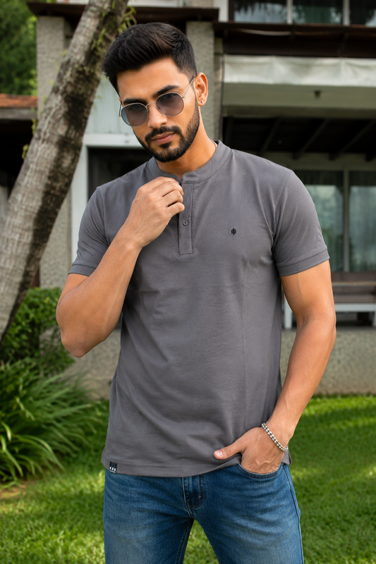 Men Solid Dark Grey Mandarin Collar Polo T-Shirt - Premium Sinker Slim Fit 13058