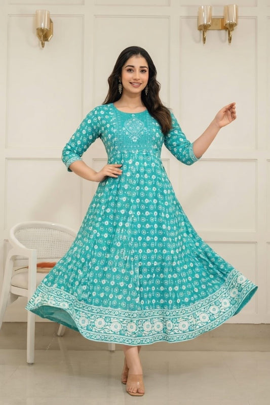 Designer Firozi Color Kurti with Embroidery – Traditional Anarkali Suit for Functions & Party Wear