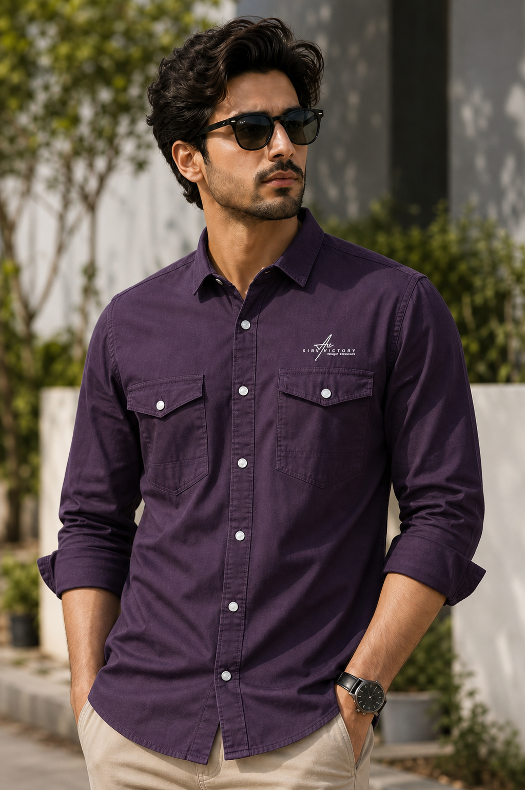 Men Plain Cotton Purple Full Sleeve Shirt | Casual Button Down Shirt with Pockets