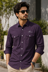 Men Plain Cotton Purple Full Sleeve Shirt | Casual Button Down Shirt with Pockets