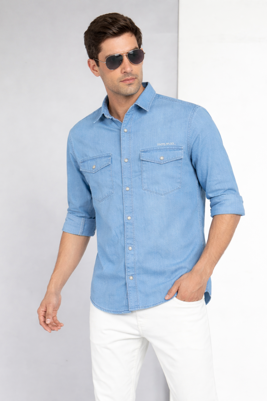 Men Casual Skyblue Denim Shirt – Modern Stylish Fit 261055466
