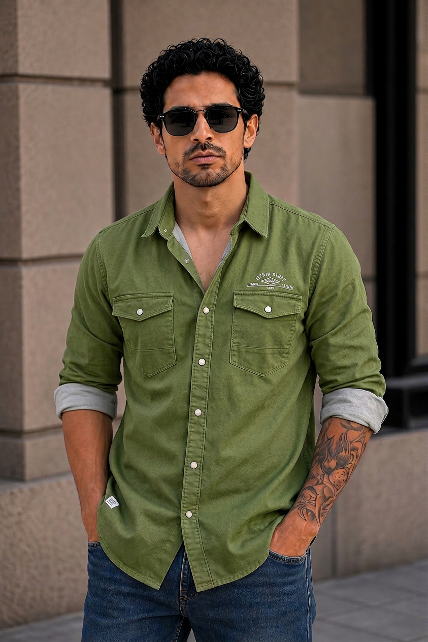 Men Olive Double Pocket Casual Shirt | Snap Button Denim Shirt