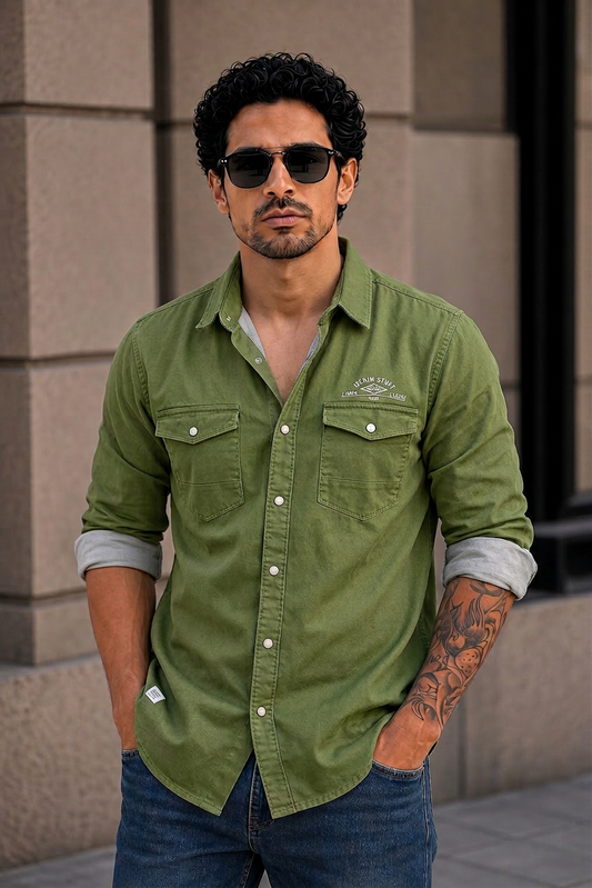 Men Olive Double Pocket Casual Shirt | Snap Button Denim Shirt