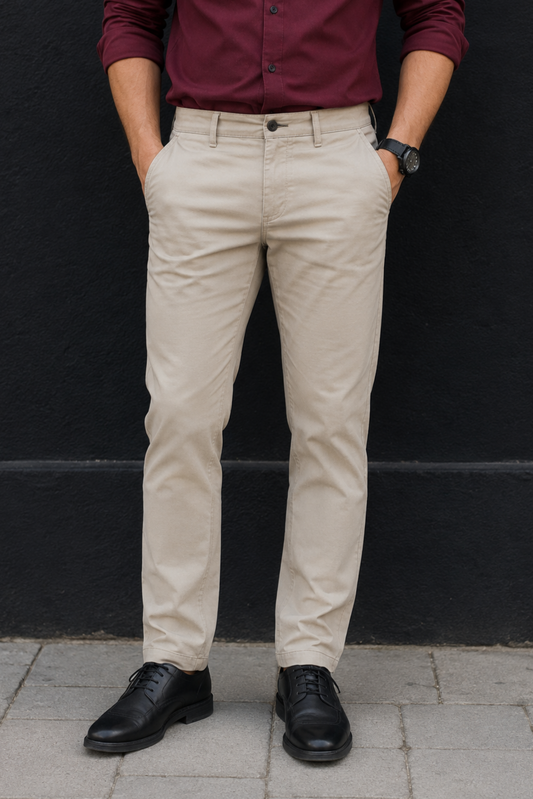 Men Cream Micro-Textured Cotton Chinos | Stylish Narrow Fit Pants