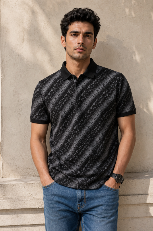 Men Premium Black Printed Polo T-Shirt 3328