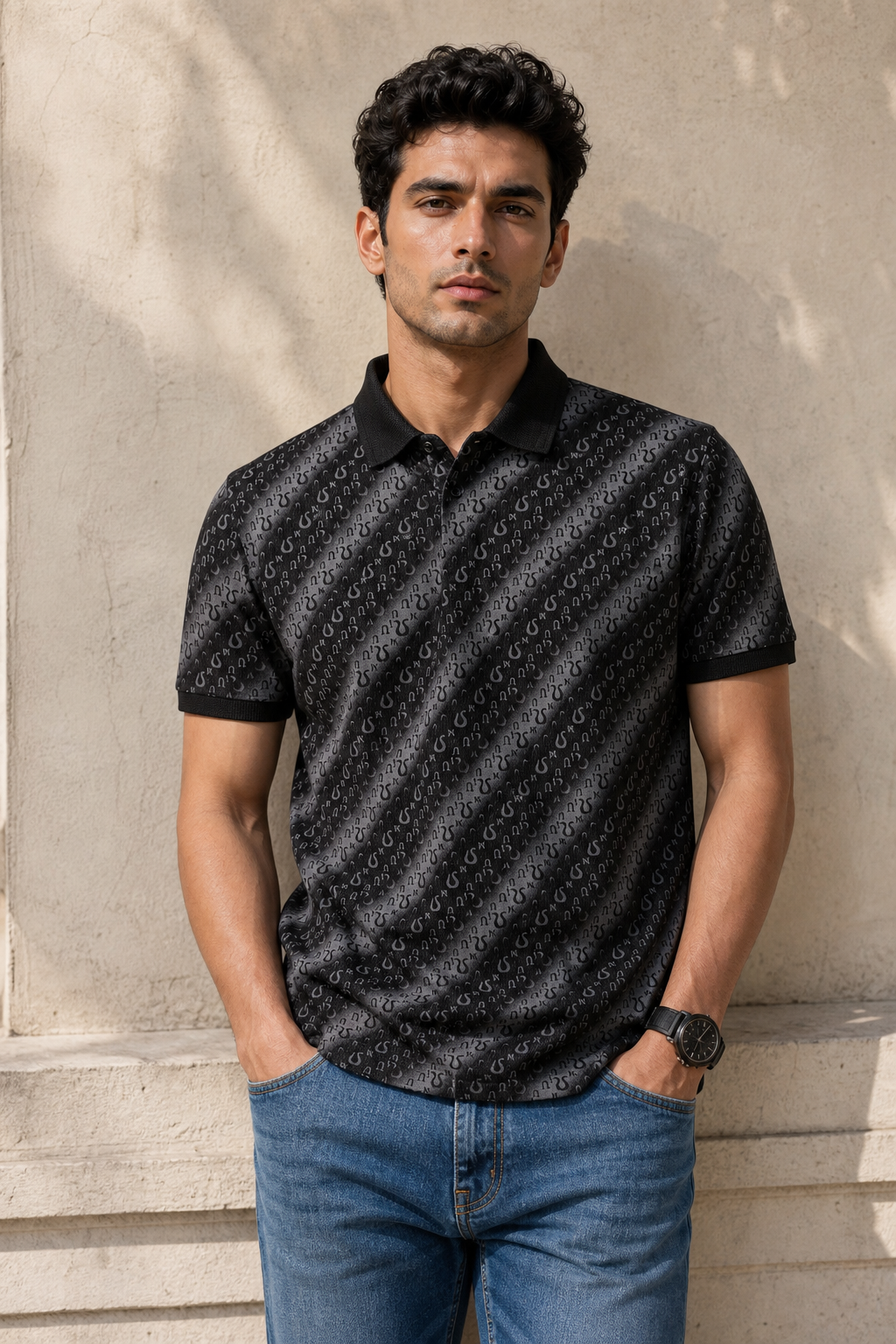 Men Premium Black Printed Polo T-Shirt