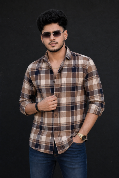 Men Brown Beige Plaid Shirt – Full Sleeve Casual Wear