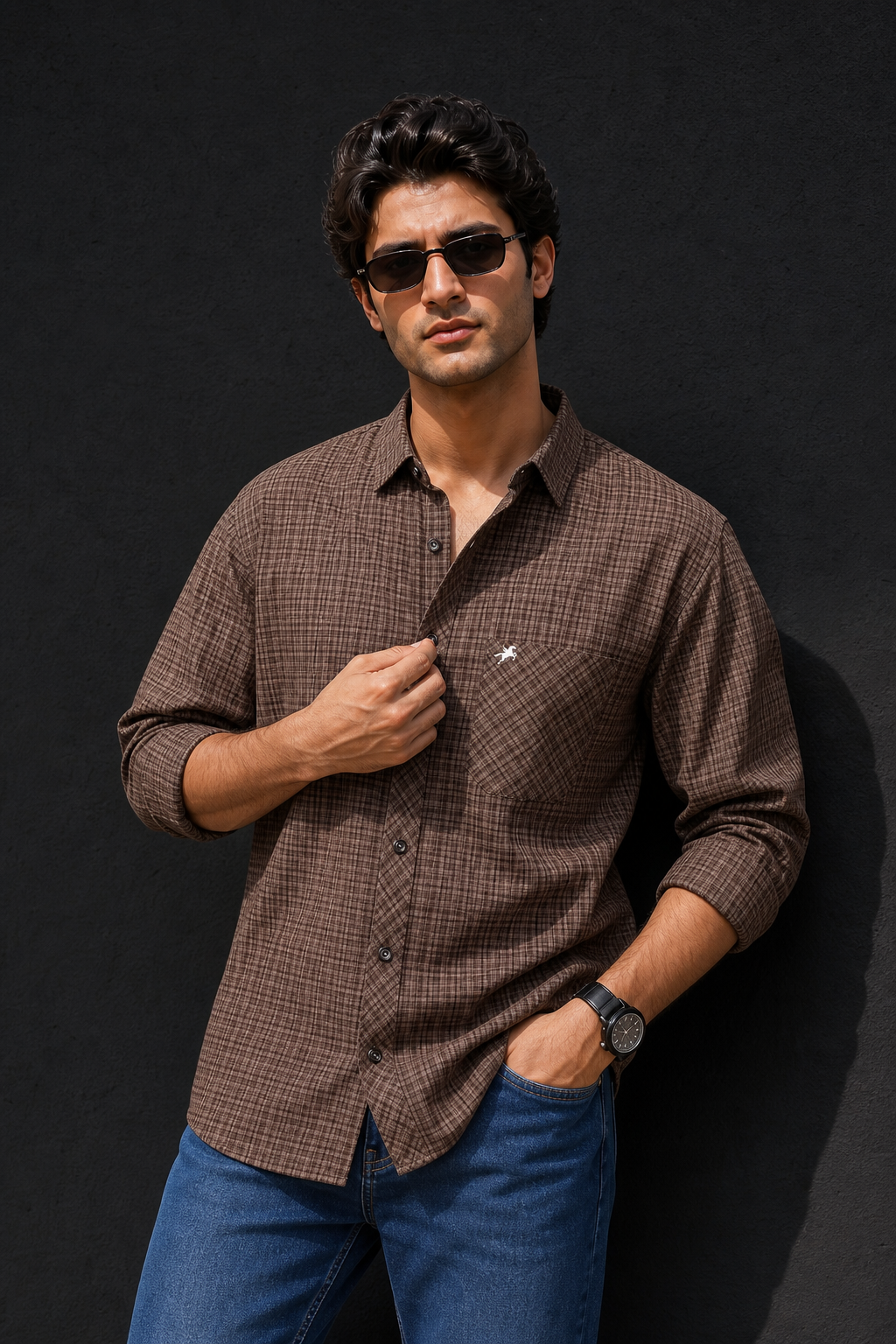 Men Brown Micro Checked Full Sleeve Casual Shirt