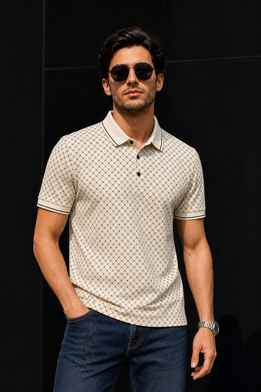 Men Cream Geometric Print Polo T-Shirt