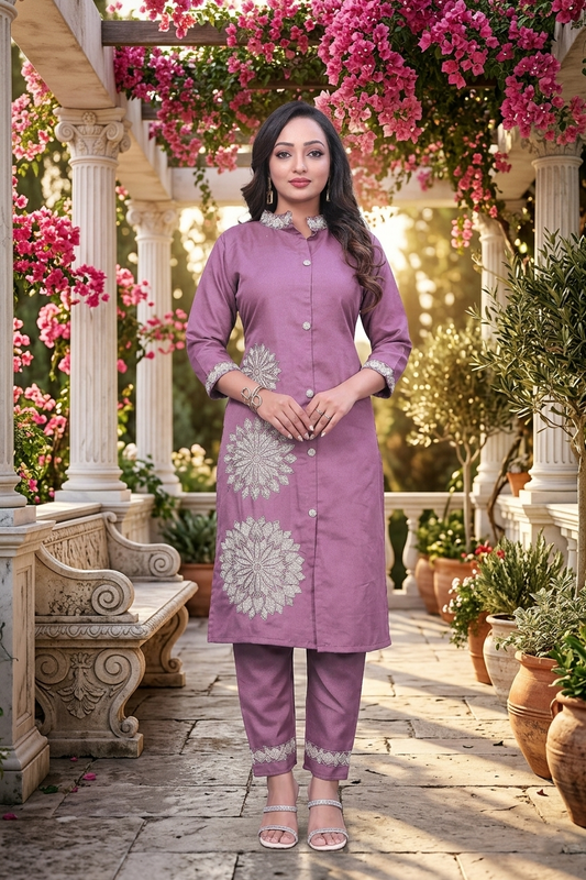 Lavender Floral Embroidery Work Cord Set for Women 1057