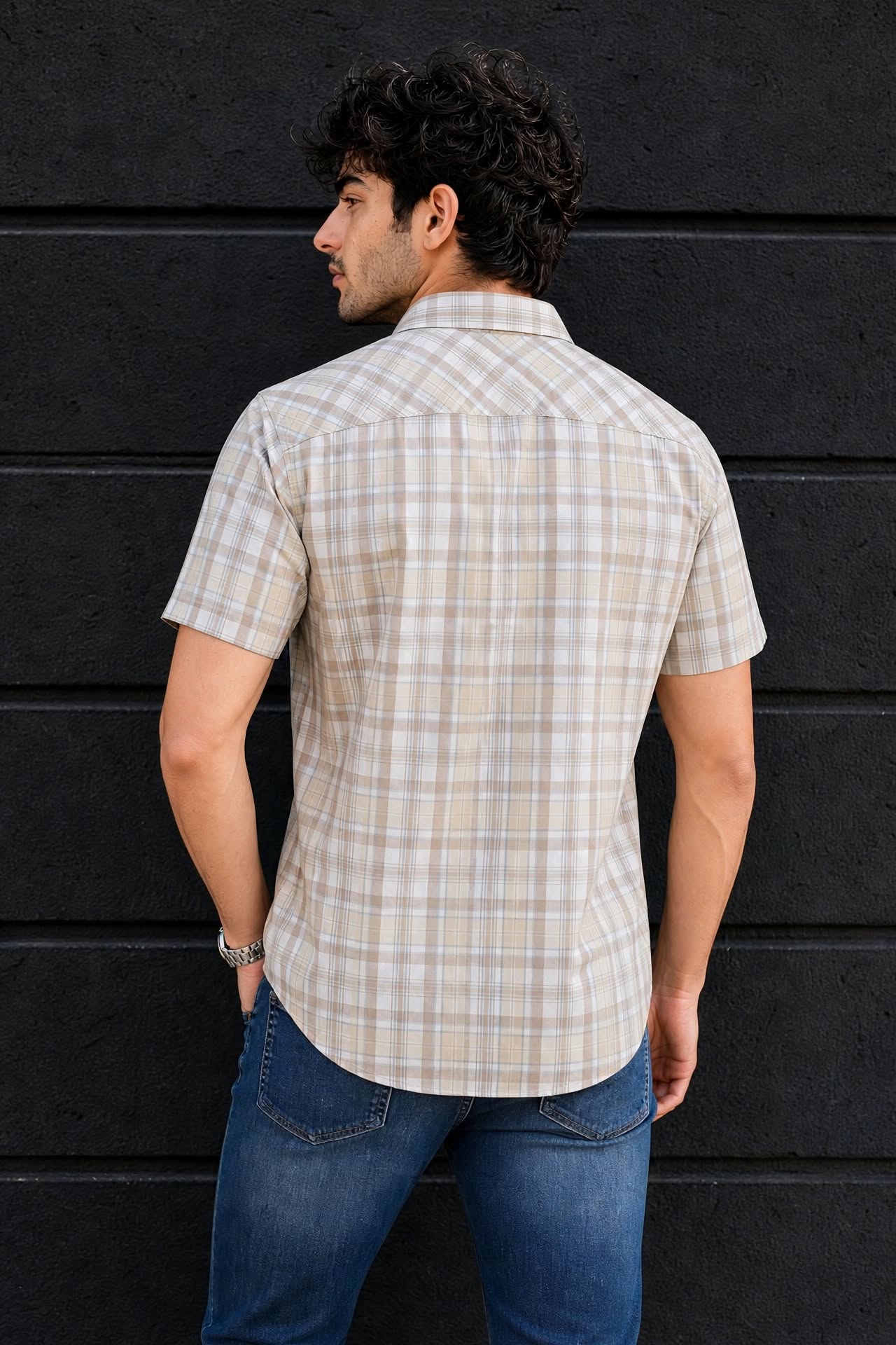 Men Cream Checkered Half Sleeve Casual Shirt SGV-528-2