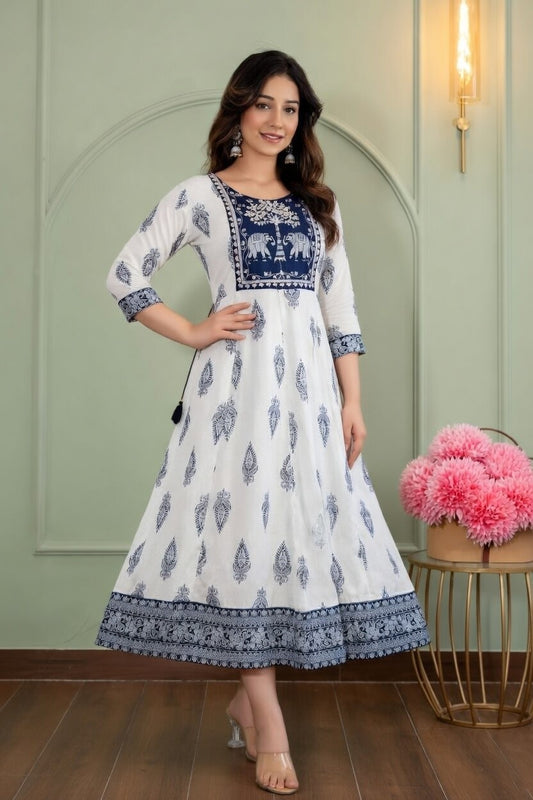 Women White Base Navy Blue Elephant Print Anarkali Kurti | Contrast Yoke Dress