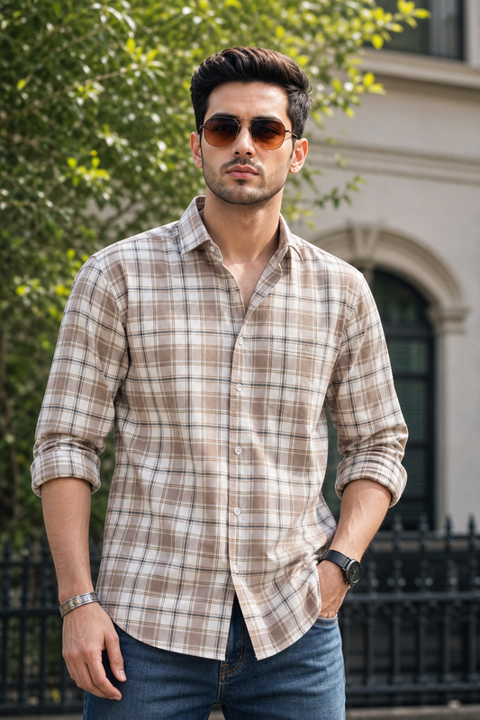 Men Brown & White Checkered Casual Shirt