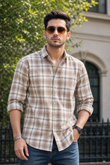 Men Brown & White Checkered Casual Shirt