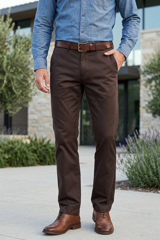 Men Coffee Satin-Finish Structure - Slim Fit Cotton Trousers