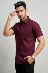 Men Casual Maroon Short Sleeve Shirt - Cotton Comfort 261049774