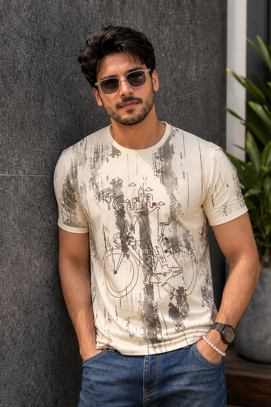 Men Cream Bicycle Print T-Shirt