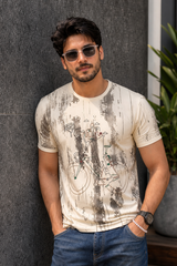 Men Cream Bicycle Print T-Shirt