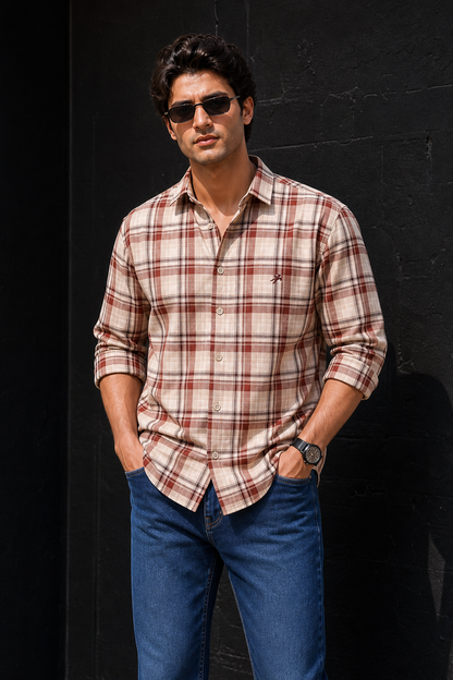 Men Brown and Cream Plaid Shirt – Full Sleeve Casual Check Shirt