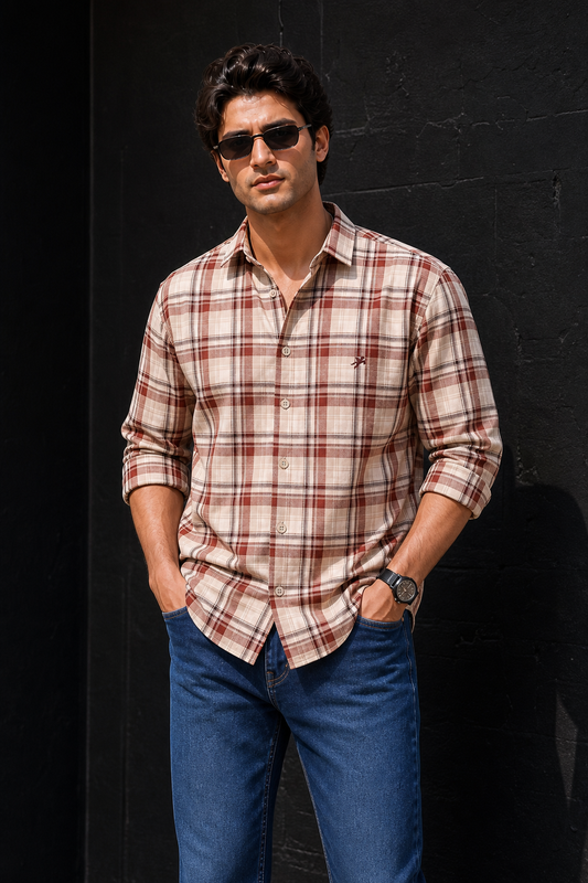 Men Brown and Cream Plaid Shirt – Full Sleeve Casual Check Shirt 2004-R