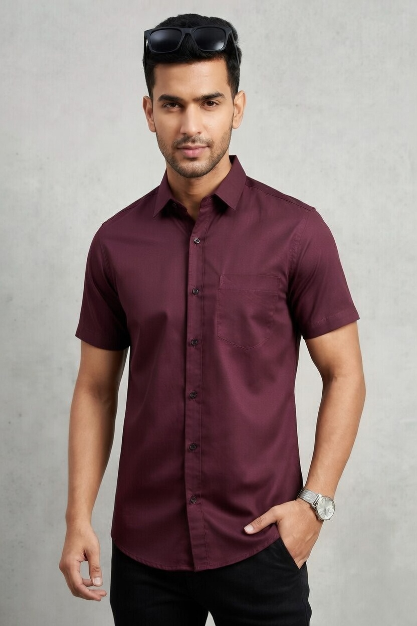 Men Casual Wine Short Sleeve Shirt - Cotton Comfort 261049774