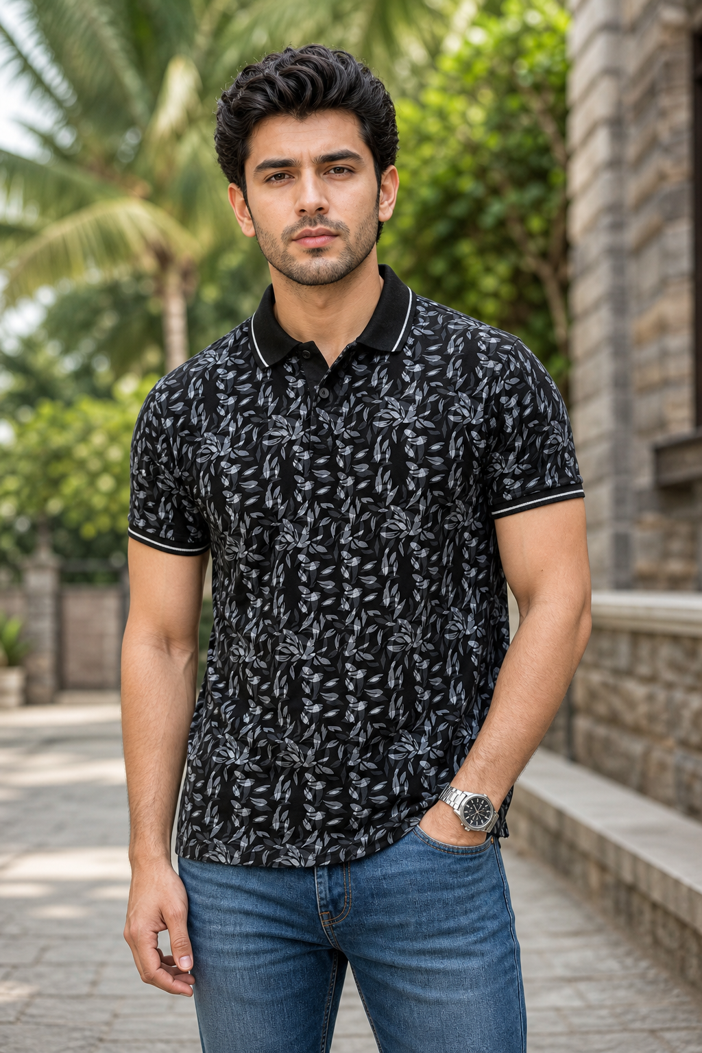 Men Black Leaf Print Polo T-Shirt