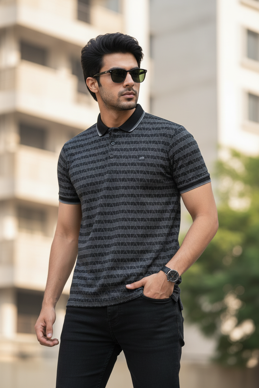 Stylish Black Pattern Polo T-Shirt for Men | Modern Street Look
