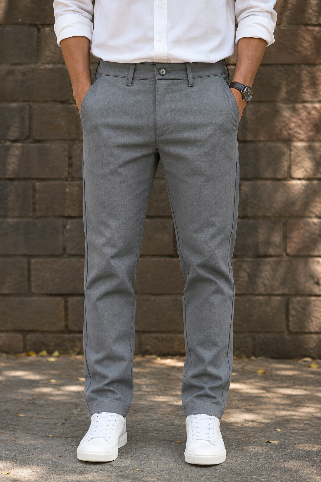Men Narrow Fit Dark Grey Melange Structure - Textured Cotton Chinos 5128