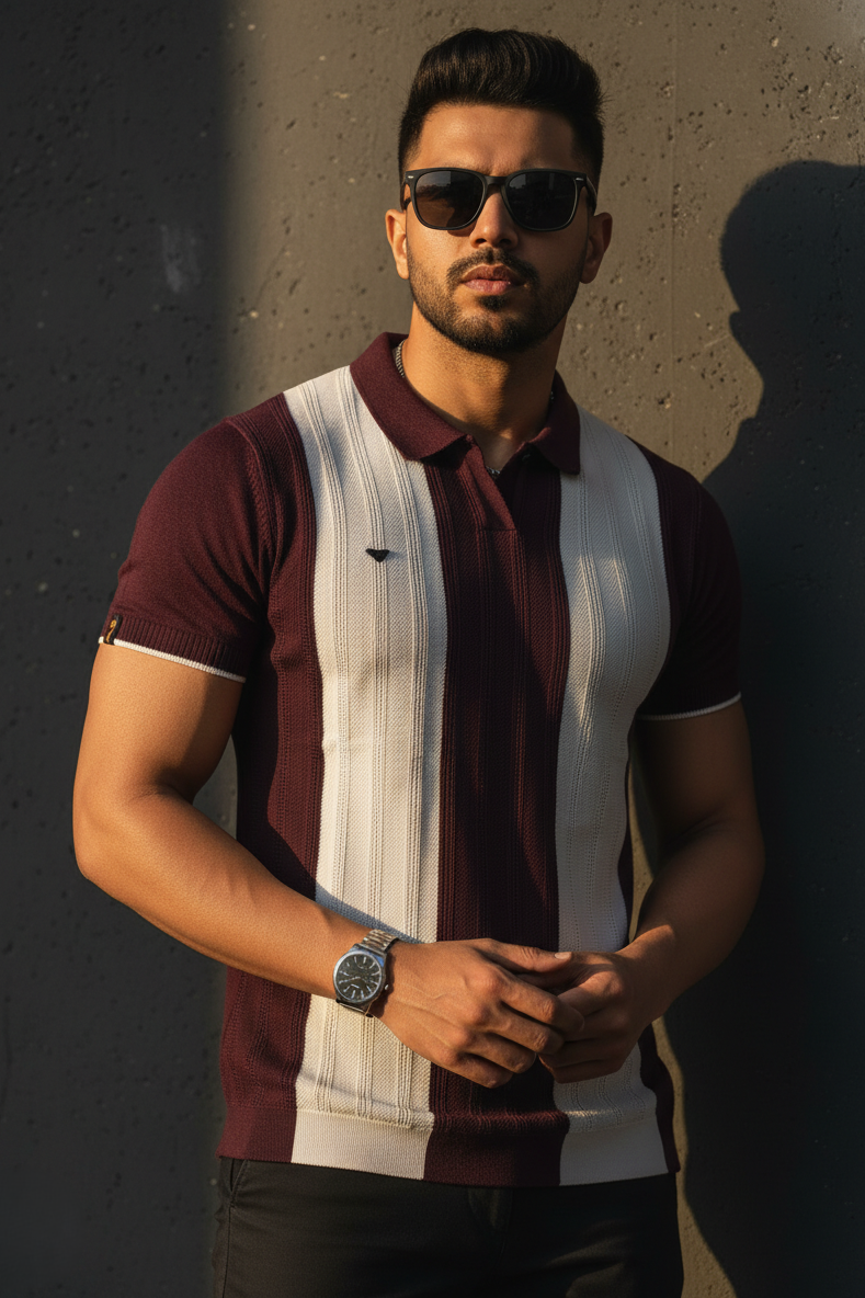 Men Casual Wine Striped Knit Polo T-Shirt- Effortless Everyday Style 261040637
