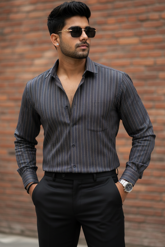 Atlance| Men Coffee Vertical Striped Formal Shirt-FRM