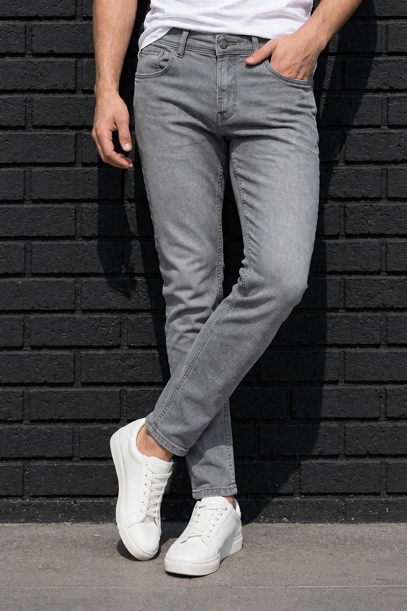 Men Light Grey Narrow Fit Jeans - Premium Grey Denim