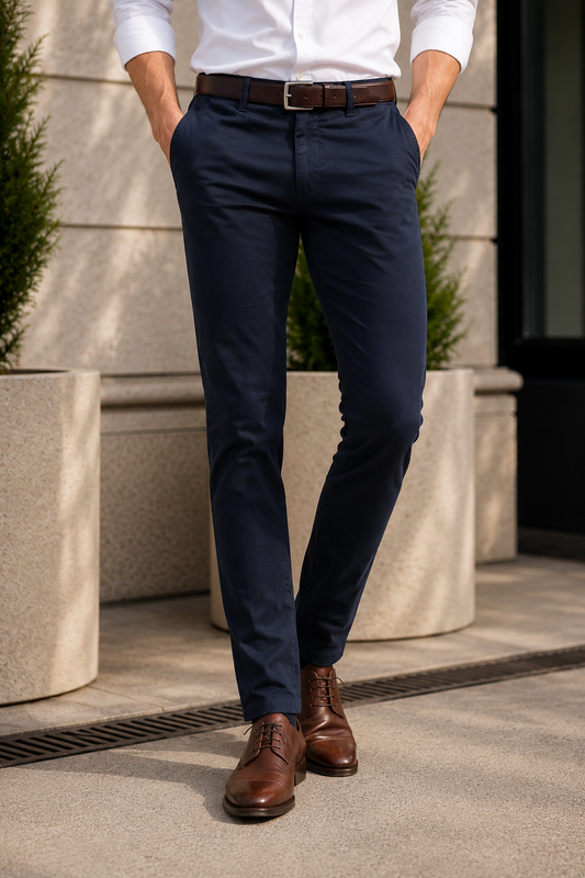 Men Navy Blue Satin-Finish Structure - Slim Fit Cotton Trousers