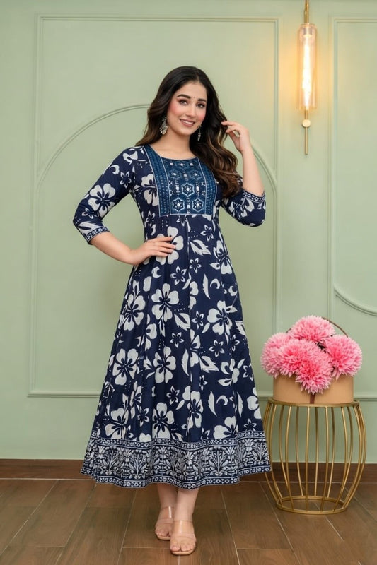Navy Blue Floral Anarkali Kurti | Soft Cotton Casual Everyday Dress for Women