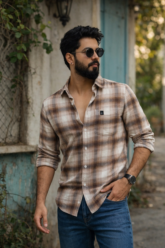 Men Classic Fawn Check Shirt | Everyday Casual Wear WON