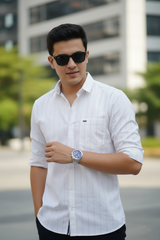 Men White Vertical Striped Slim Fit Shirt | Premium Cotton 251209999