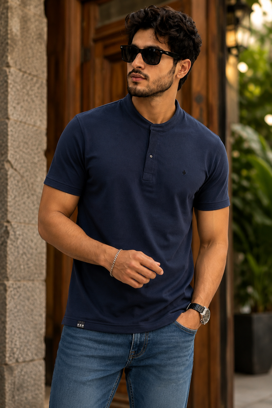 Men Solid Navy Blue Mandarin Collar Polo T-Shirt - Premium Sinker Slim Fit 13058