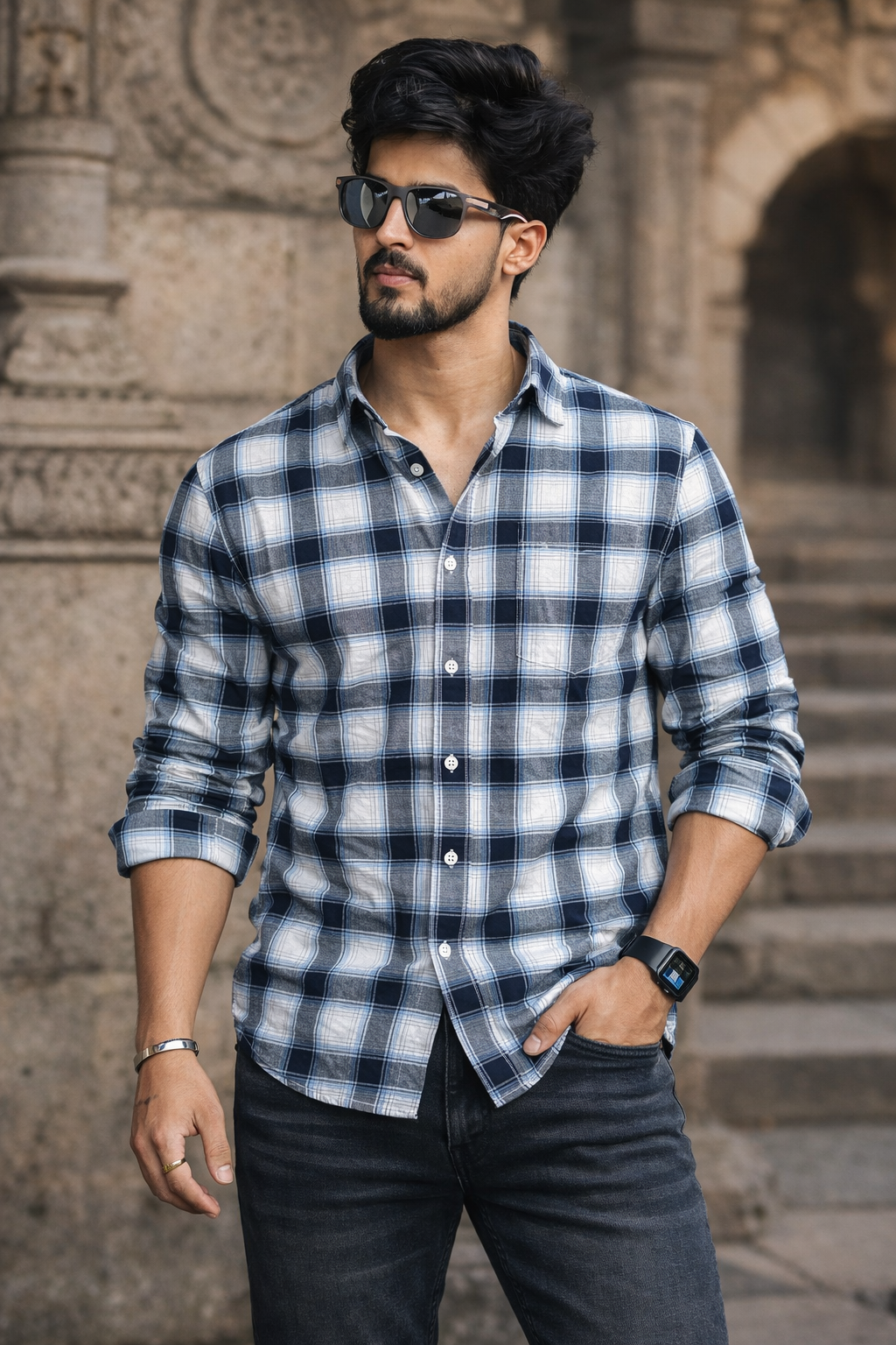 Comfortable Navy Blue & White Check Shirt for Men – Everyday wear OXFCH