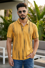 Men Printed Collared Polo T-Shirt in Earthy Yellow