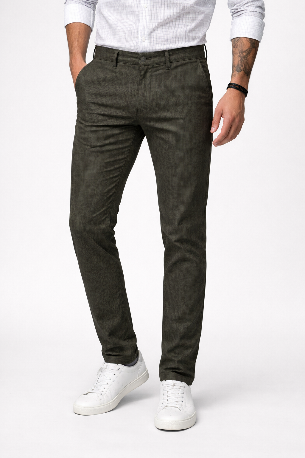 Men Olive Narrow Fit Structured Pants-TEM