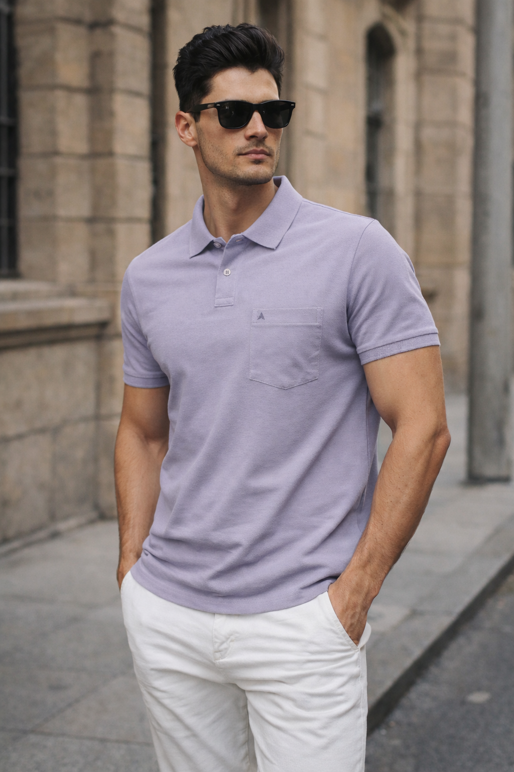 Men Lavender Cotton Polo T-Shirt with Pocket - Casual Short Sleeve Slim Fit 8622